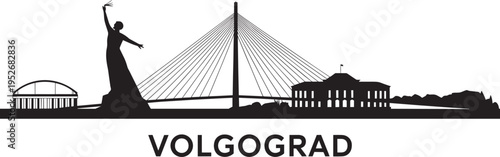 Volgograd Russia City Skyline Silhouette Vector Graphic with Motherland Calls Monument and Stadium.