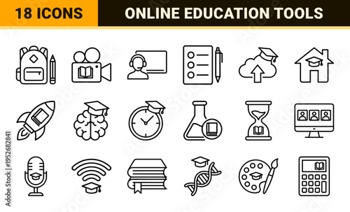 Online Education Digital Learning Monoline Outline Icons for Virtual Classrooms Edtech Software and Academic Distance Training Platforms