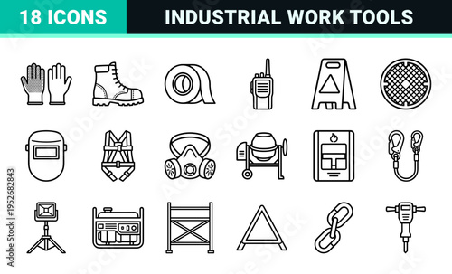 Construction Safety and Industrial Labor Technical Monoline Symbols Featuring Minimalist Engineering Equipment and Protective Workwear Outlines