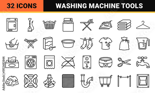 Household Laundry Appliances and Fabric Care Monoline Symbols for Technical Manuals and Interface Design in Minimalist Aesthetic