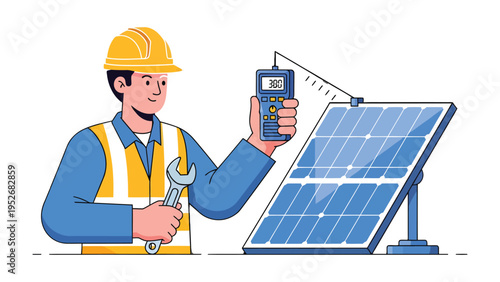 Solar Panel Technician Inspection: A skilled technician diligently inspects a solar panel with a multimeter, ensuring optimal energy production and efficiency.