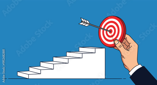 Successful target achievement concept shows a hand placing a bullseye with an arrow at the top of a set of stairs.