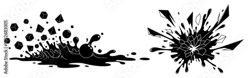 Geometric cubes splashing in dark liquid and crystal shards exploding in abstract black ink style