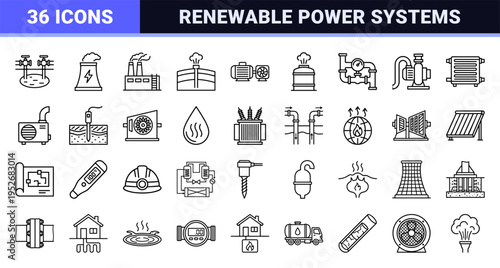 Geothermal Energy Production and Sustainable Power Plant Technical Line Art Outline Symbols for Industrial Engineering and Eco Technology.