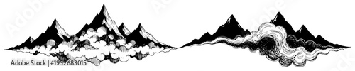 Mountain peaks rising above thick mist and swirling clouds in hand drawn engraving style