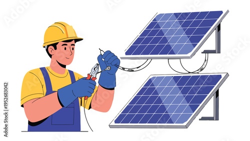 Solar Panel Installer at Work: A skilled installer meticulously works on solar panels, demonstrating the process of clean energy installation.