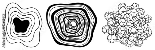 Organic topographic contours and cluster of geometric stones in minimalist black and white style