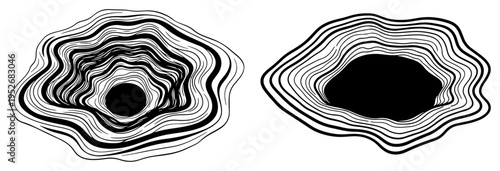 Deep topographic craters with wavy concentric lines representing depth in abstract black and white style