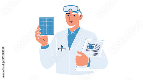 Scientist Inspects Solar Panel: An expert scientist, donning protective eyewear and lab coat, carefully examines a solar panel, showcasing a commitment to renewable energy and innovative technology.