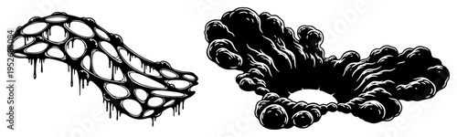 Organic dripping web structure and dark smoke cloud crater in graphic ink style
