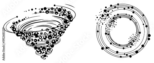 Swirling particle vortex and circular orbit rings in minimalist black and white style
