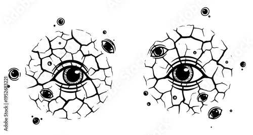 Eyeballs with cracked surface and pupils floating in space in surreal horror style