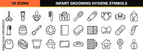 Pediatric Healthcare and Neonatal Grooming Symbols Featuring Monoline Outlines for Medical Kits and Infant Wellness Branding
