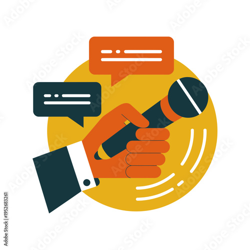 A microphone vector illustration with a hand holding it and speech bubbles