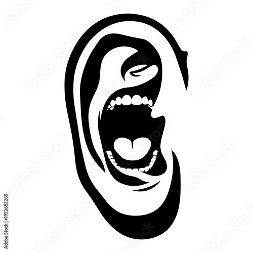 Human ear merged with a screaming mouth expressing loud sound or nightmare in surreal anatomical style