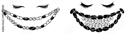 Smiling mouth with teeth made of pharmaceutical pills and coffee beans in black and white vector style