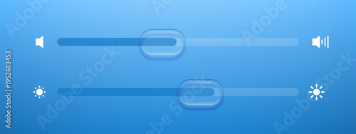 Volume and brightness slider control with liquid glass morphism effect. Digital interface element for mobile application. Modern user interface design component for settings adjustment.