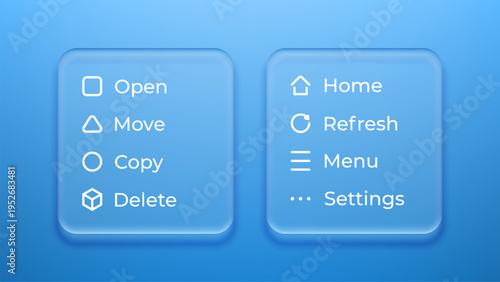 Liquid glass morphism vector interface with menu icons. Frosted plastic effect web element design. Modern blue button set for application navigation, user experience and mobile menu.