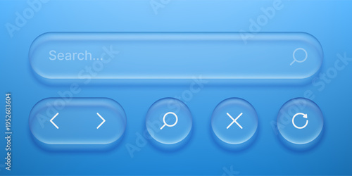Search bar and UI buttons in liquid glass morphism style. Modern web interface elements with frosted transparency effect. Digital design toolkit for website and application development.