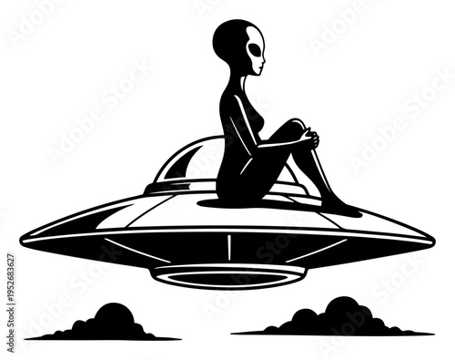 Alien character sitting on UFO flying saucer above clouds in minimalist silhouette style