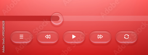 Media player interface with liquid glass morphism buttons and progress bar on red background. Digital UI elements for video playback application. Innovative mobile app design concept.