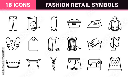 Fashion Retail and Laundry Care Monoline Symbols Featuring Minimalist Clothes Hangers Garment Care Equipment and Apparel Outline Graphics