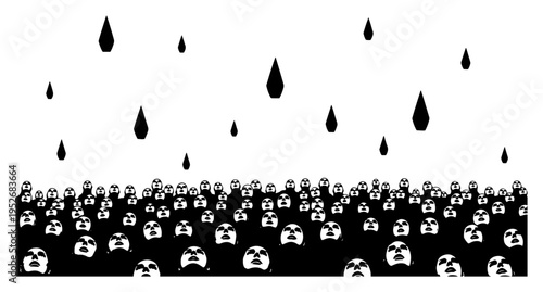 Crowd of human faces looking up at falling drops in surreal conceptual style