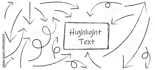 hand drawn arrow and highlight text element set. vector illustration 