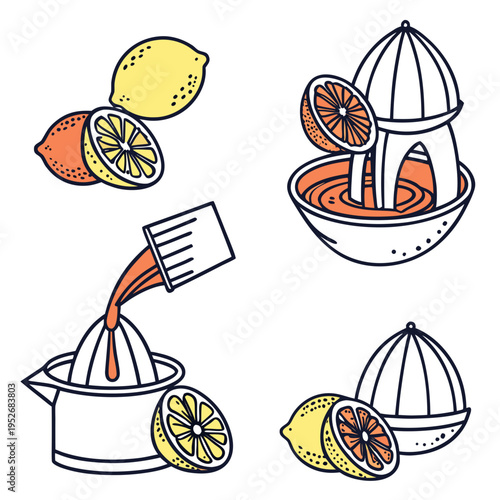 Set of cartoon style illustrations of lemons oranges citrus fruits and juicers on white background healthy organic fresh juice