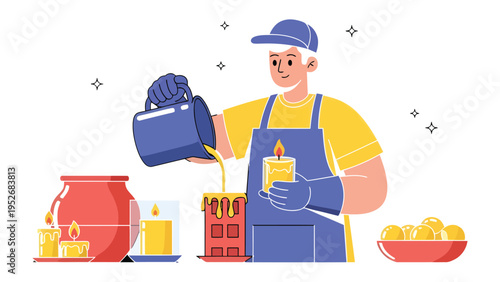 Artisan Candle Maker: An artisan meticulously crafts candles, pouring molten wax with focused precision, creating handcrafted beauty and warm illumination.