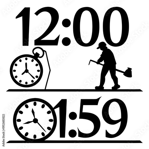 Creative typography showing specific time with silhouettes of worker and pocket watch representing labor hours manual work and industrial scheduling