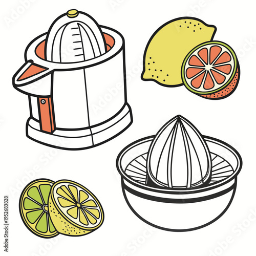 Collection of hand drawn citrus fruits lemons oranges and juicers for making fresh juice isolated on white background vector