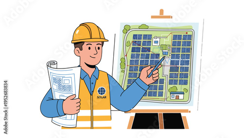 Solar Panel Blueprint: A determined engineer, wearing a safety helmet and vest, points to a detailed blueprint of a solar panel installation, envisioning a sustainable energy future.