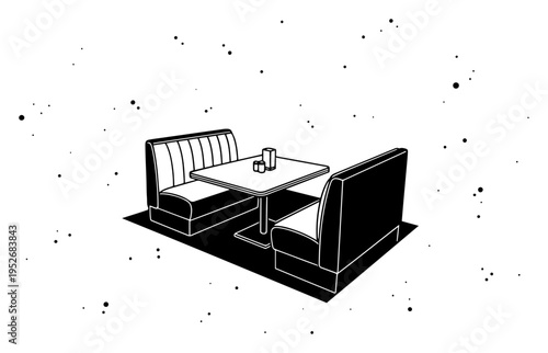 Retro diner booth floating among stars in minimalist ink style