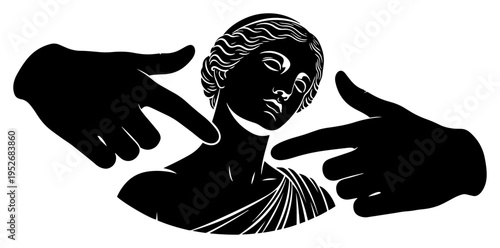 Classical statue bust framed by silhouetted hands in modern graphic style