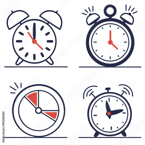 Four distinct time-related icons, including classic alarm clocks in ringing and still states and a modern timer with a segmented red area