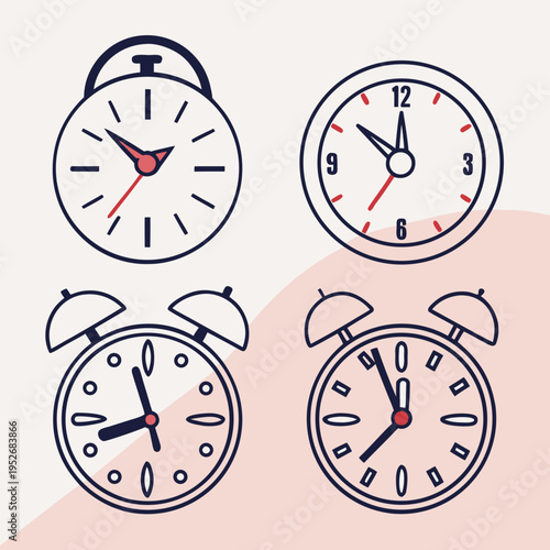 Collection of four alarm clocks and analog clocks in outline style with simple design elements on soft background