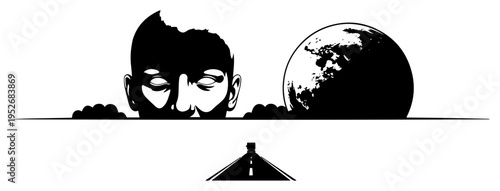 Man face peeking over horizon with moon and road in surreal conceptual style