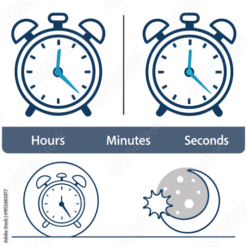 Clocks showing hours minutes seconds with alarm clock and moon symbol signifying time and period of day
