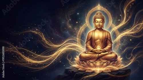Buddha Purnima divine meditation artwork with golden Buddha in peaceful cosmic light waves symbol of enlightenment wisdom spirituality and Mahavir jayanti