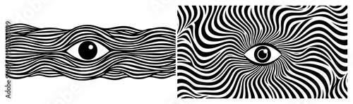 Eye surrounded by psychedelic wavy lines and hypnotic patterns in graphic style