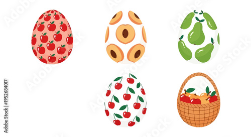 Colorful and creative egg designs alongside a basket of fresh vegetables