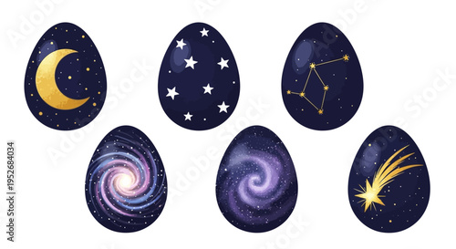 Celestial-themed decorative eggs featuring moon, stars, galaxies, and a shooting star.