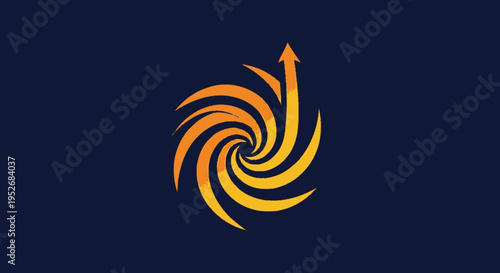 A vibrant orange and yellow swirling vortex with an upward-pointing arrow emerging from its center against a dark blue background.