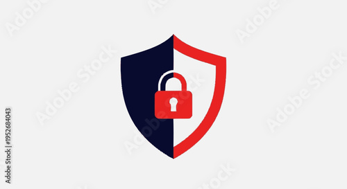 A stylized shield divided into dark blue and red halves, featuring a bright red padlock icon in the center, symbolizing security and protection.
