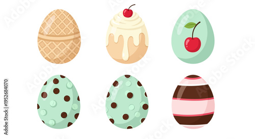 Creative and colorful designs of decorated eggs and pastries resembling eggs.