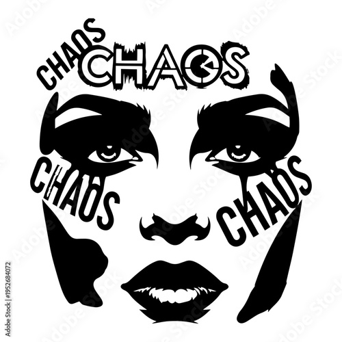 Womans face with chaos text pattern in bold high contrast graphic style