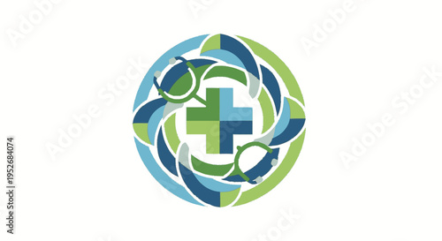 Abstract circular logo featuring a green and blue cross at its center, symbolizing healthcare and wellness.