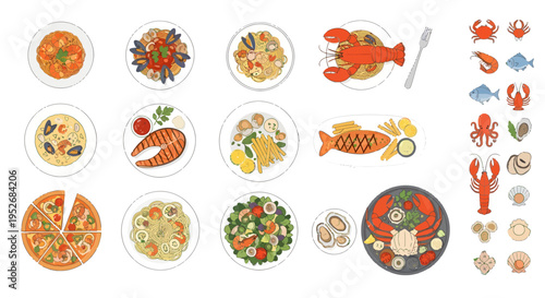 Large Set of Seafood Dishes and Ocean Food Ingredients Line Art Vector Illustration