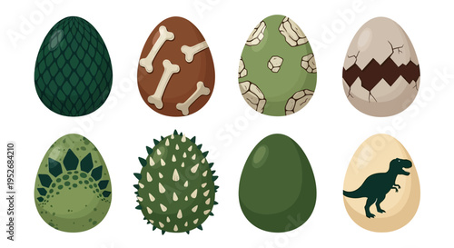A collection of diverse dinosaur eggs and a spiky plant illustration